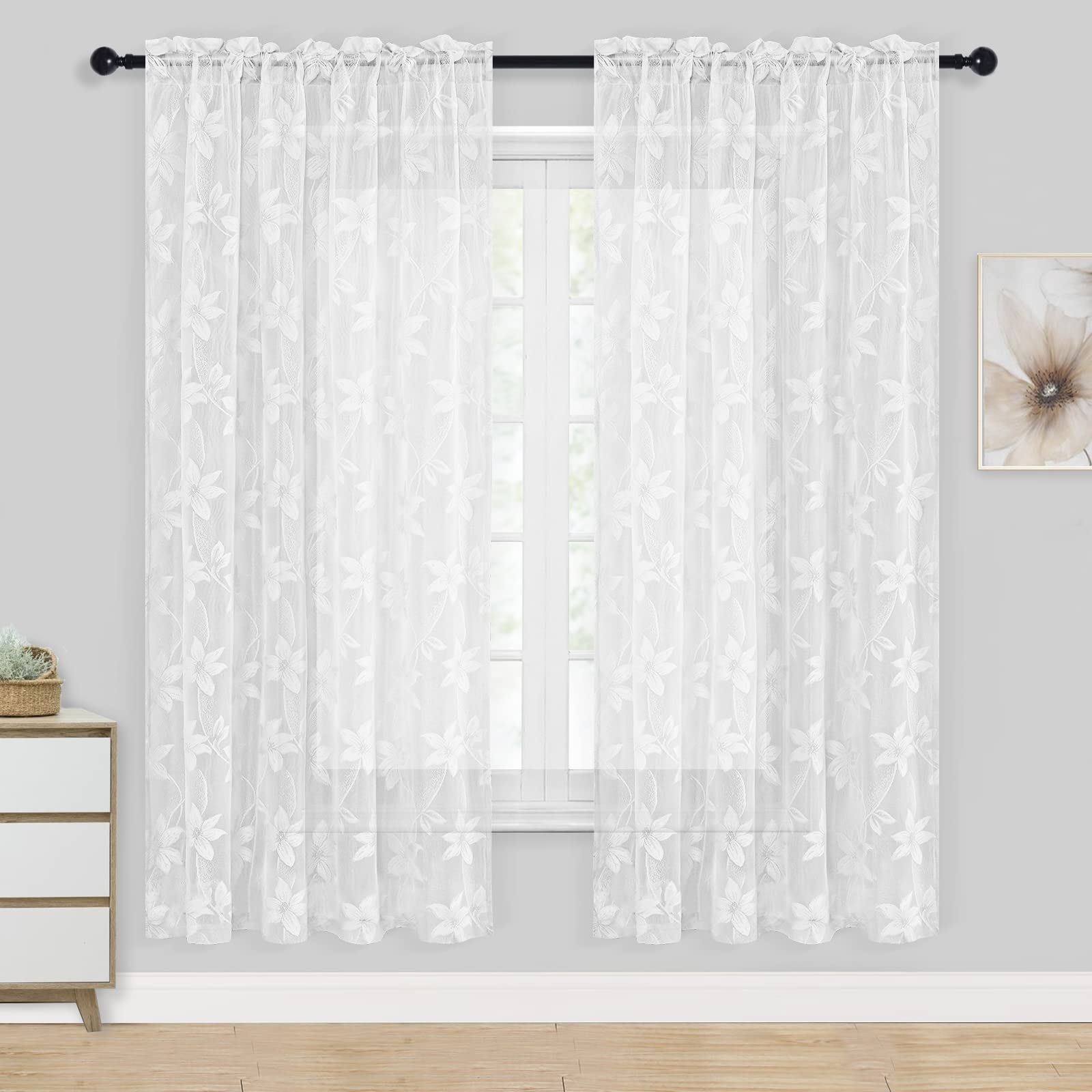 DWCN Floral Lace Sheer Curtains - Rod Pocket Window Voile Sheer Drapes for Bedroom Kitchen Short Curtains 52 x 72 inches Long, Set of 2 White Curtain Panels