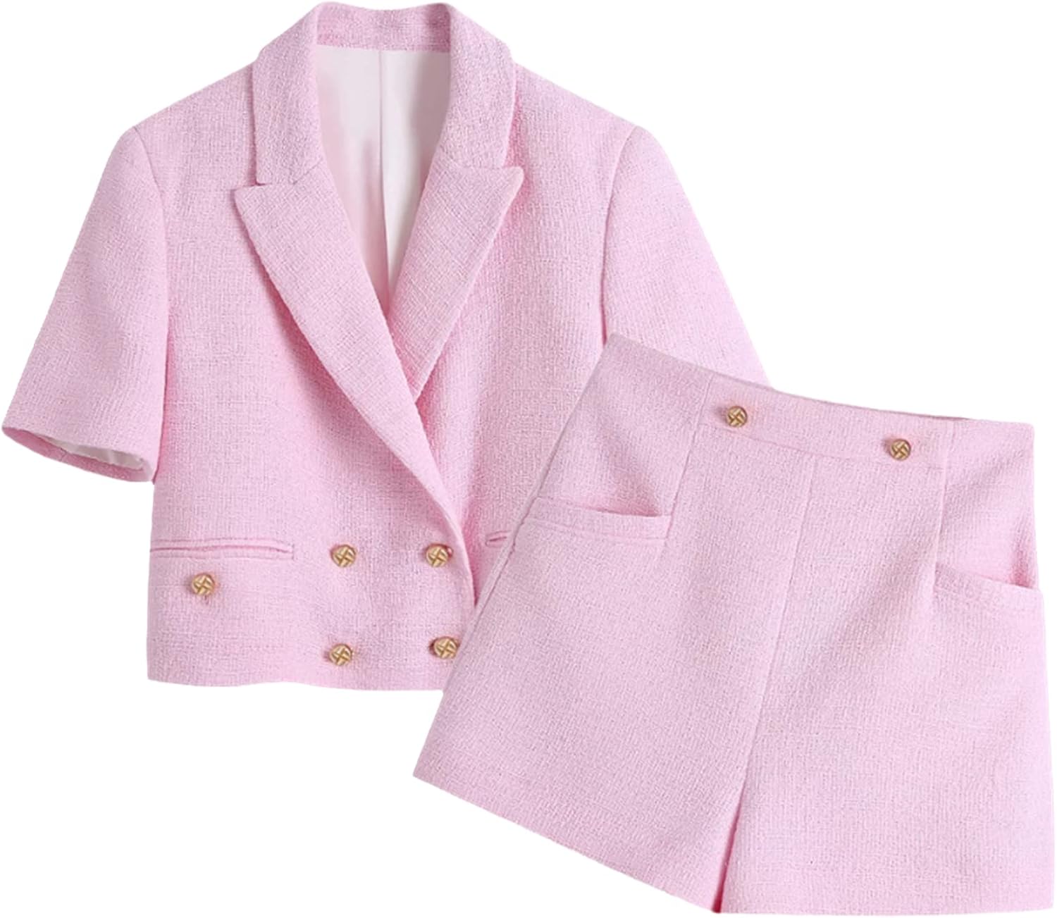 Pink Suit Blazer Set Women Double Breasted Short Sleeve