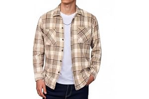 Men's Plaid Shirt Button Down Long Sleeve Shirts Fashion Casual Coat Lightweight Soft Comfy Jacket with Pockets