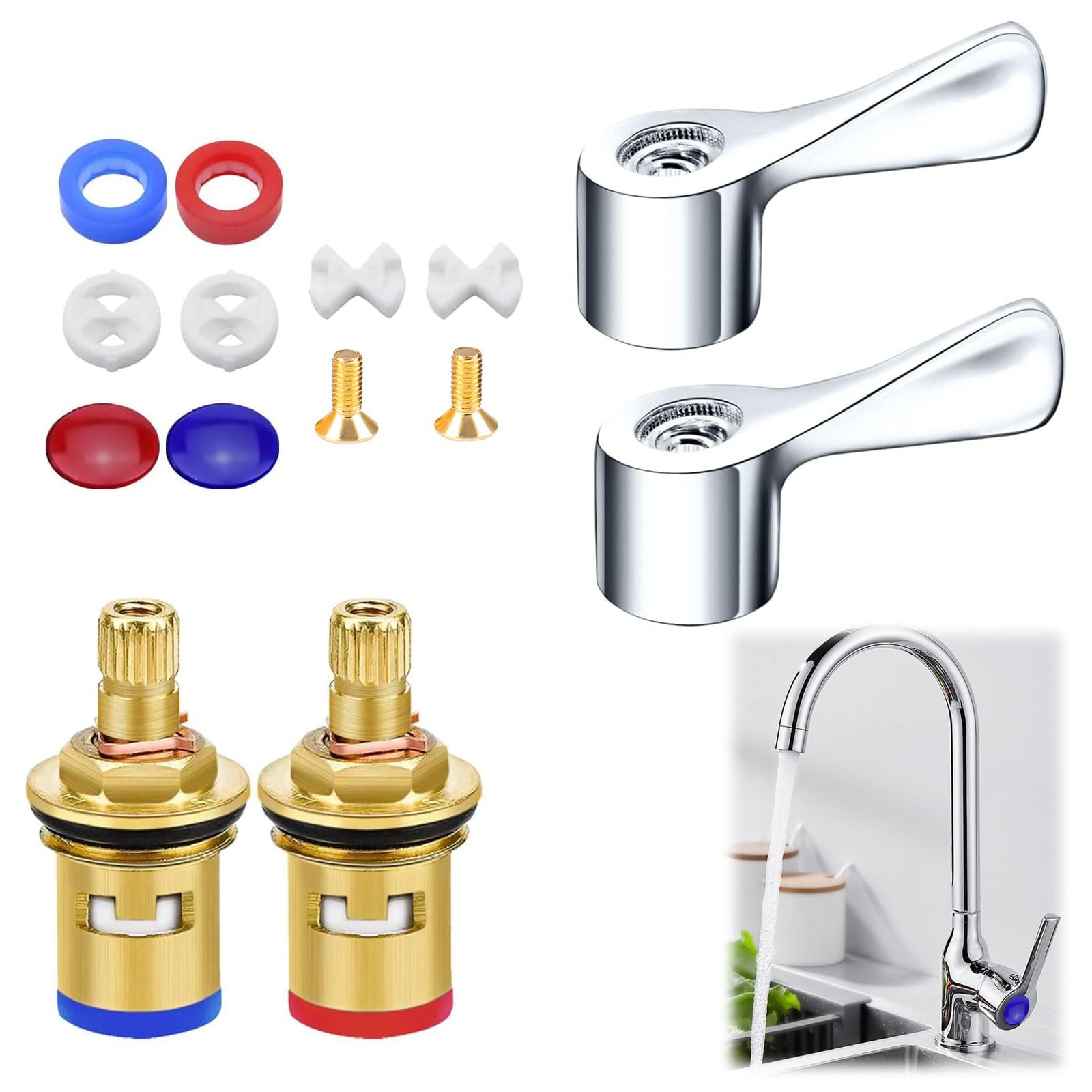 2 Set Replacement Tap Valves Mixer Tap Cartridge Replacement 1/4 Turn Tap Cartridge Replacement Kitchen Tap Valves Replacement Tap Handles Replacement for Kitchen
