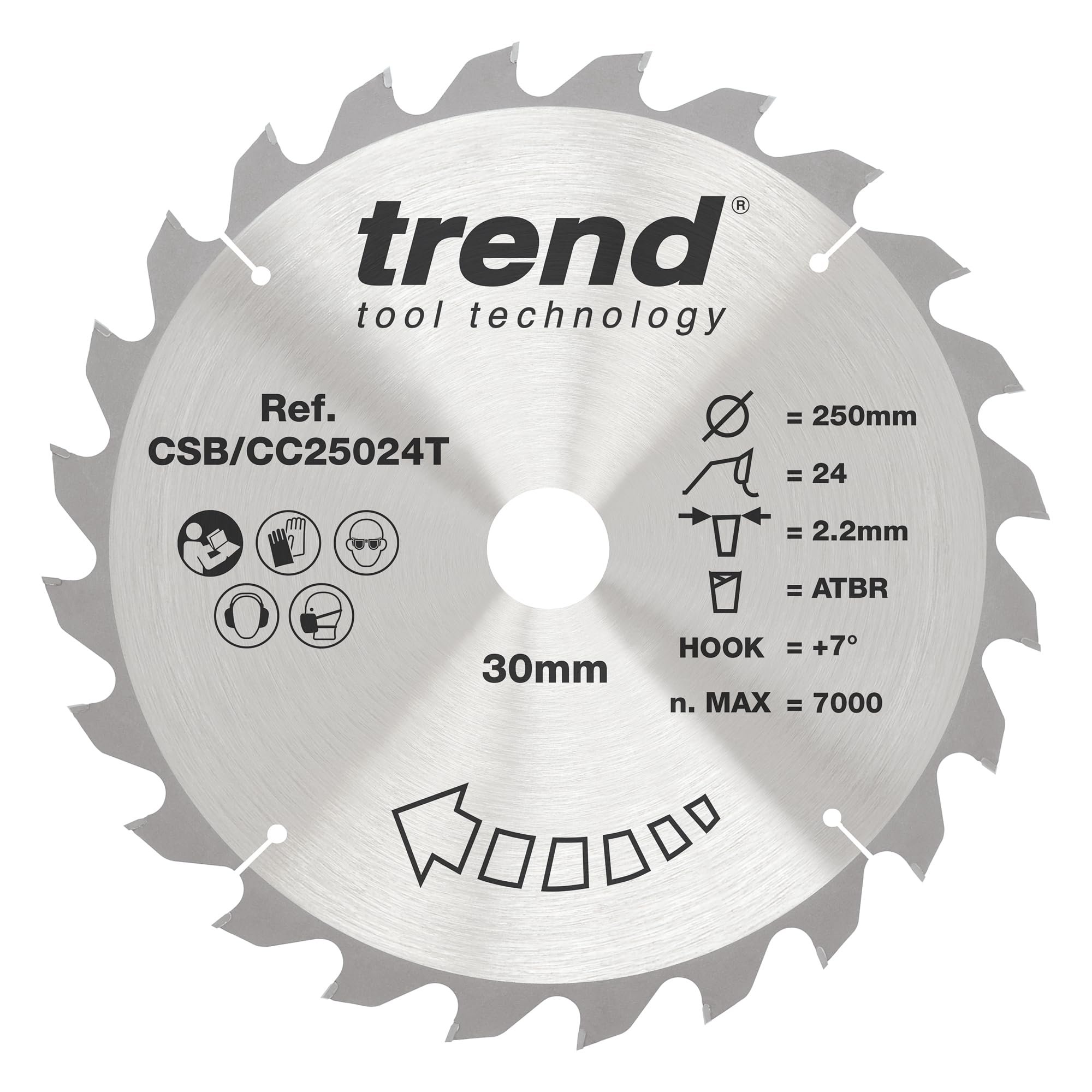 Trend Wood Cordless ATBR Mitre Saw Blade, 250mm Diameter, 30mm Bore, 24 Teeth, 2.2mm Kerf, +7° Hook, TCT, Coarse Finish, CSB/CC25024T