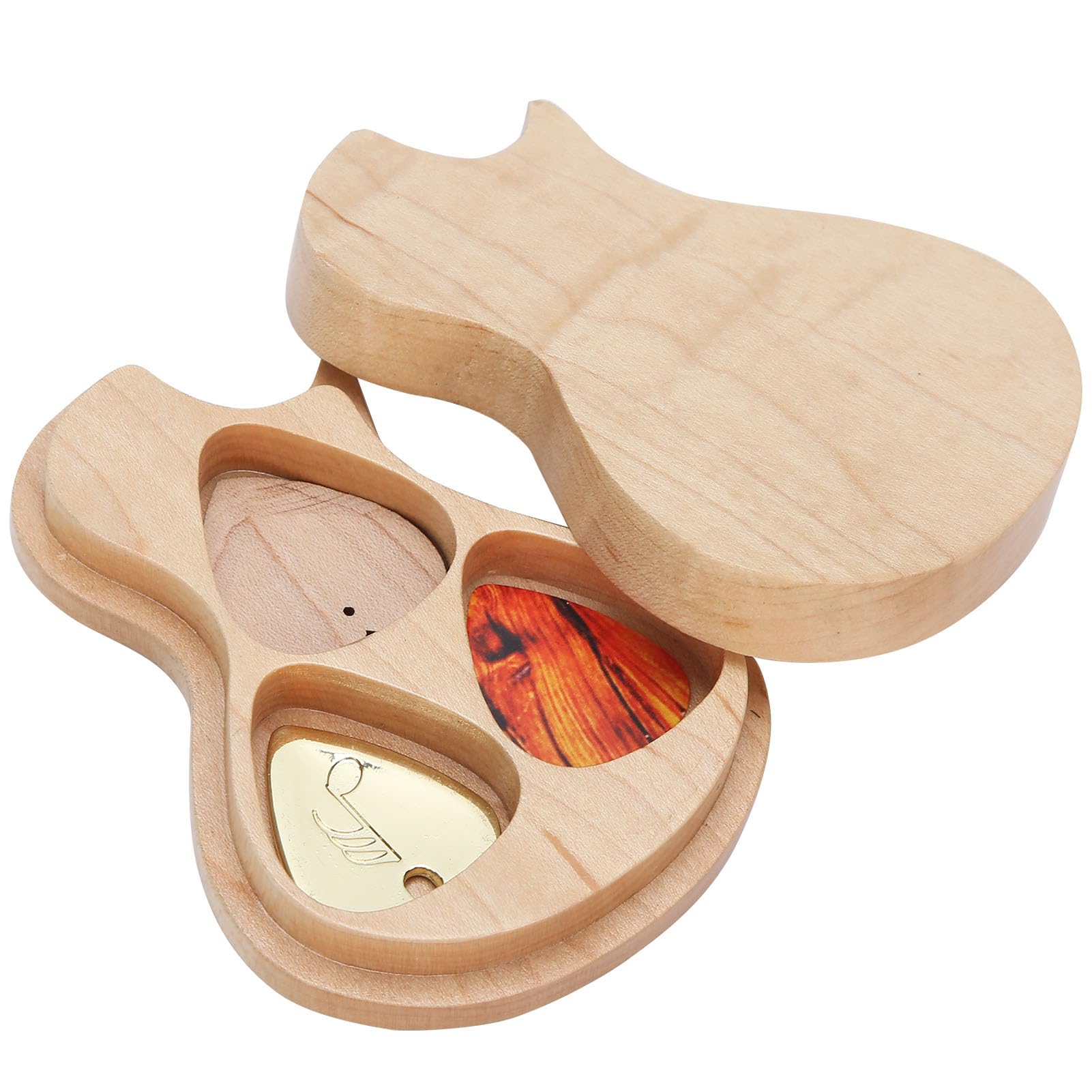 Wooden Guitar Pick Storage Box Maple Solid Wood Set with 3 Picks Gift for Guitarists Accessories for Musical Instruments