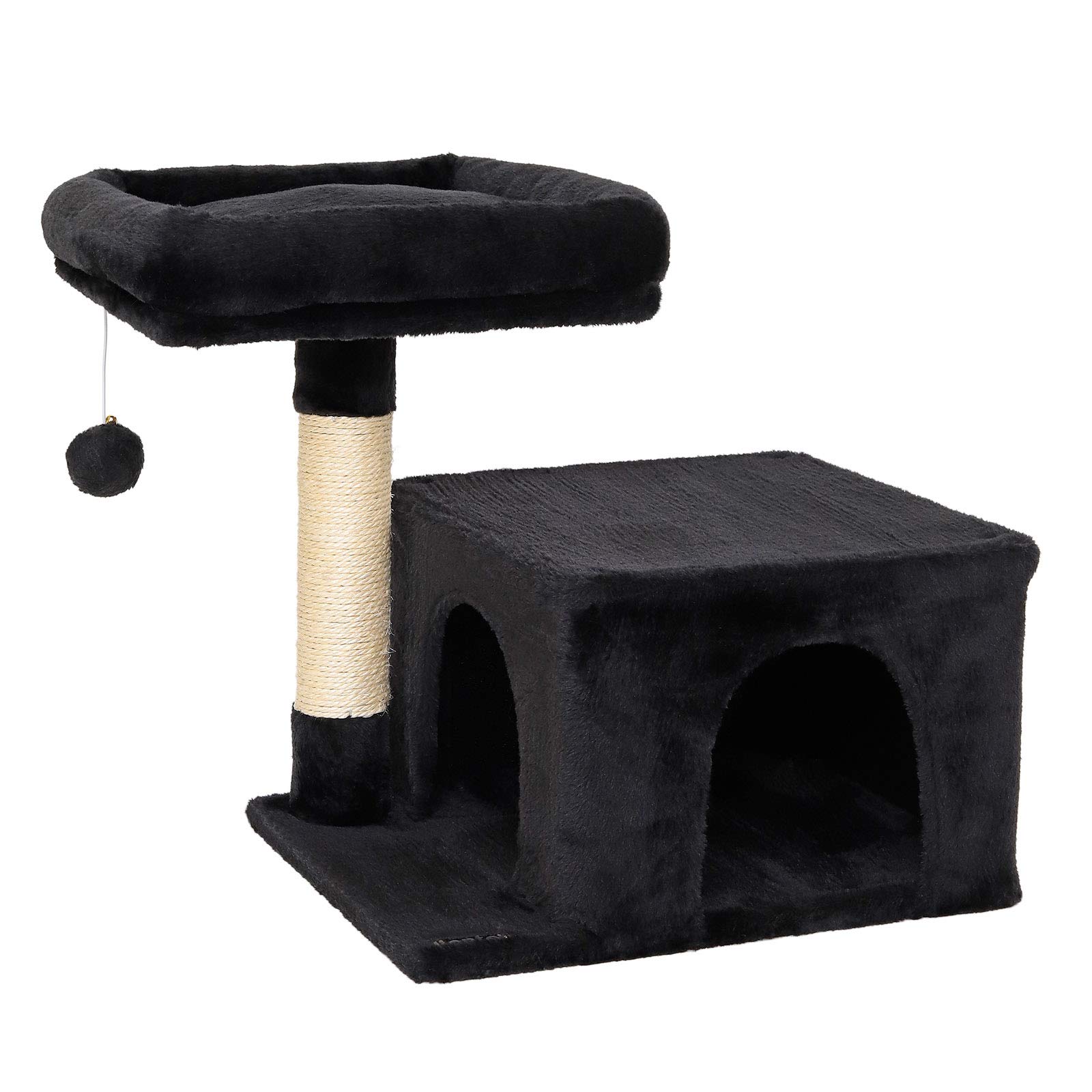 lionto Scratching tree for cats with cozy lying area & cave, height 50 cm, cat tree with plush ball incl. bell, sisal rope & soft plush, suitable for small & large cats, black