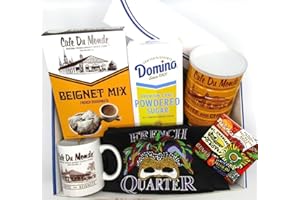 BOX OF CARE GIFT COMPANY The Coffee and Beignets Collection Gift box Café Du Monde Beignet Mix Coffee with Chicory New Orleans mug Domino's Powdered Sugar The Beignet Café Tile and more surprises.