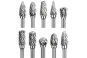 HUHAO Carbide Burr Set Double Cut 10PCS Rotary Burr Bits with 3mm(1/8") Shank 6mm(1/4") Bit Die Grinder Rotary Tool Rasp Bits Wood Carving Accessories for Carving,Polishing,Drilling,Woodworking