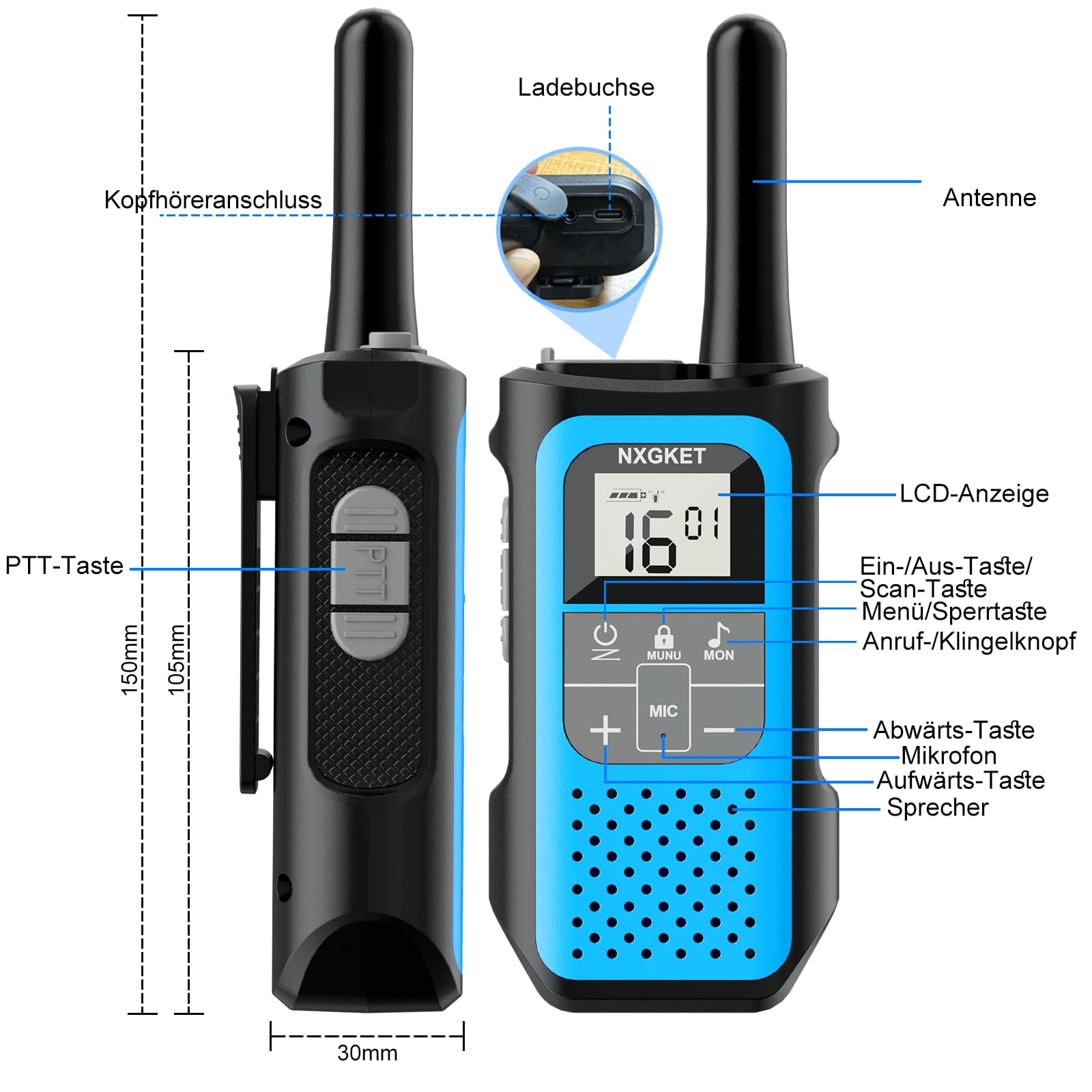 Walkie Talkie 3er Set, NXGKET Walki Talki für Kinder Erwachsene, Große Reichweite 5km Funkgeräte Set mit 1200mAh Aufladbar Akku, 16 Kanal VOX Walky Talky für Camping, Freien, Skifahren, Wandern 8