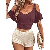 LilyCoco Womens V Neck T Shirts Sexy Cropped Cold Shoulder Tops Open Back Top
