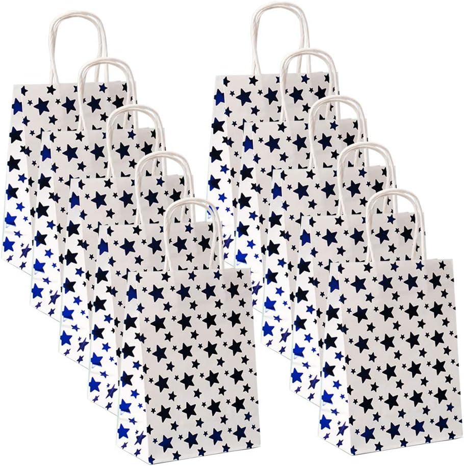 Paper Bag, 10 Pieces Hot Stamping Process Shining Stars Pattern Reusable Thicken with Handle Storage Paper Bag, Suitable for Gifts, Food, Sundries, Cosmetics, Clothing (Blue)