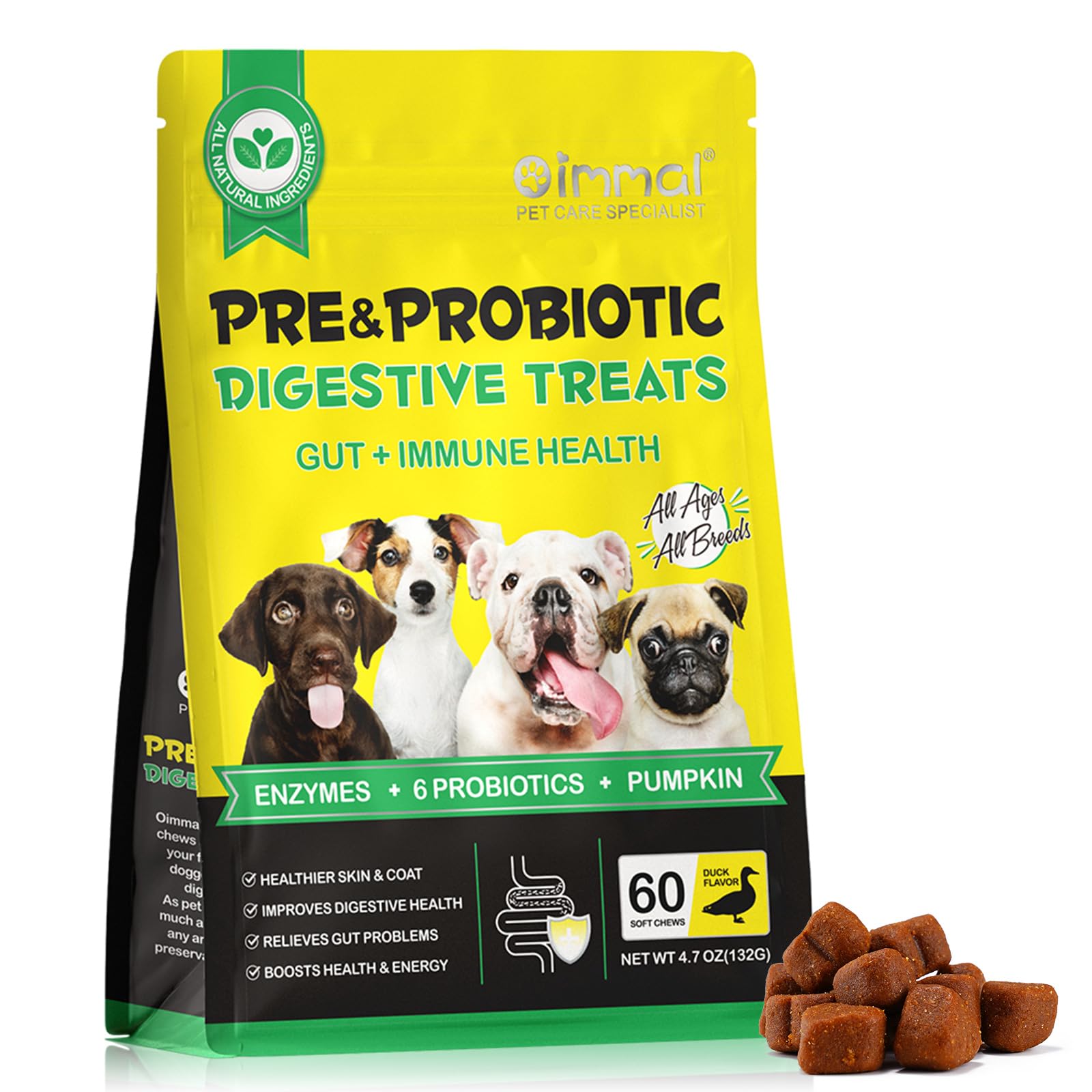 Probiotics for Dogs, 60pcs Digestive Enzyme Soft Chews - Supports Gut Health, Seasonal Allergies, Itchy Skin & Immune System | For All Dog Types