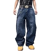 DFGIGT Mens Streetwear Hip Hop Baggy Jeans Wide Leg Skater Denim Pants Loose Long Trousers