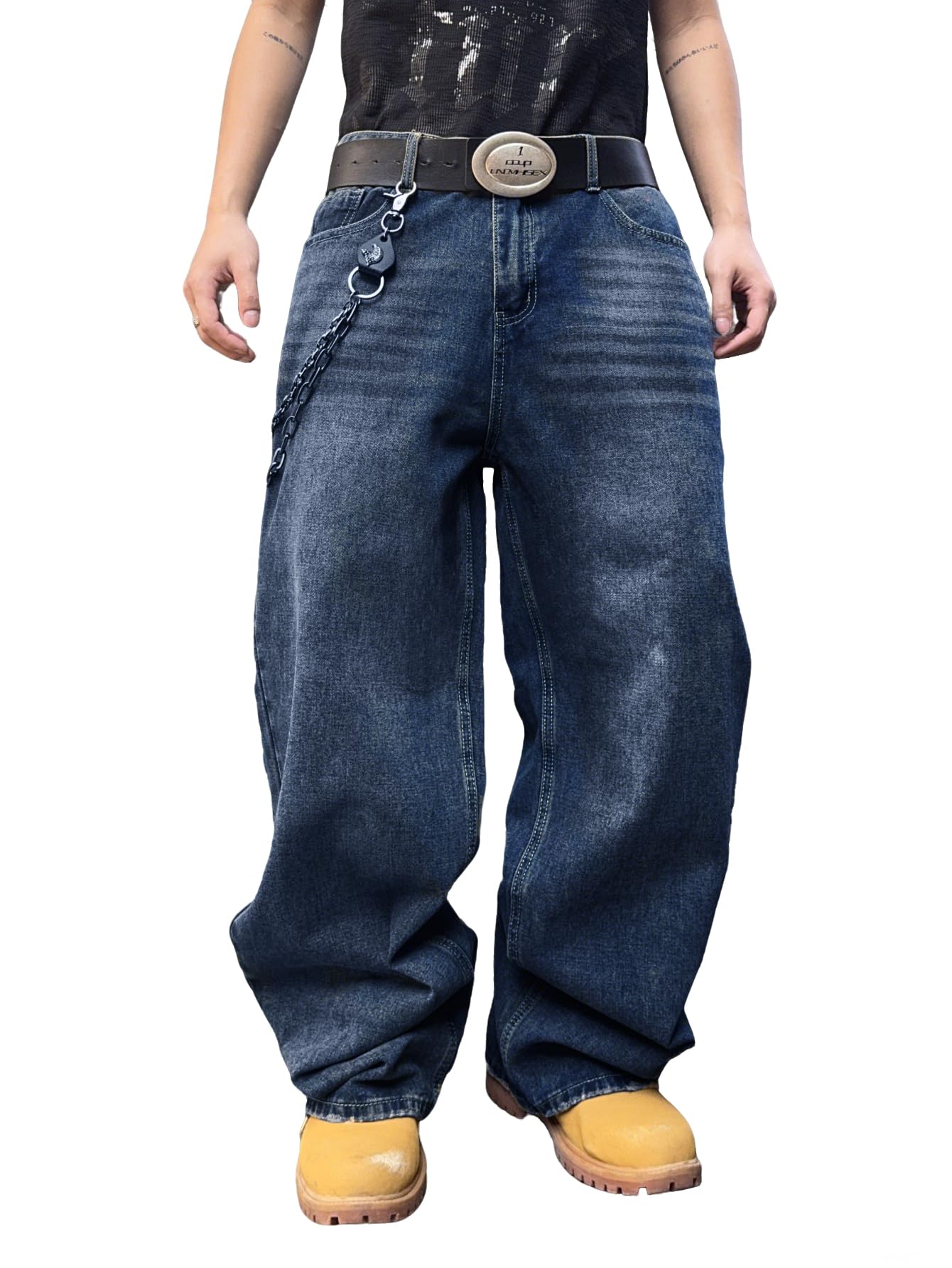 Photo 1 of DFGIGT Hip Hop Baggy Jeans for Men Stylish Wide Leg Skater Jeans Loose Fit Denim Pants Streetwear Y2k 2000s Jinco Extra Oversized Relaxed Extreme Skateboard,B16 Dark Blue,Medium