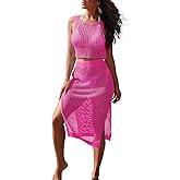 HUUSA Women's 2 Piece Crochet Swimsuit Coverups Hollow Out Bikini Bathing Suit Cover Up Swimwear Mesh Beach Slit Skirt Set