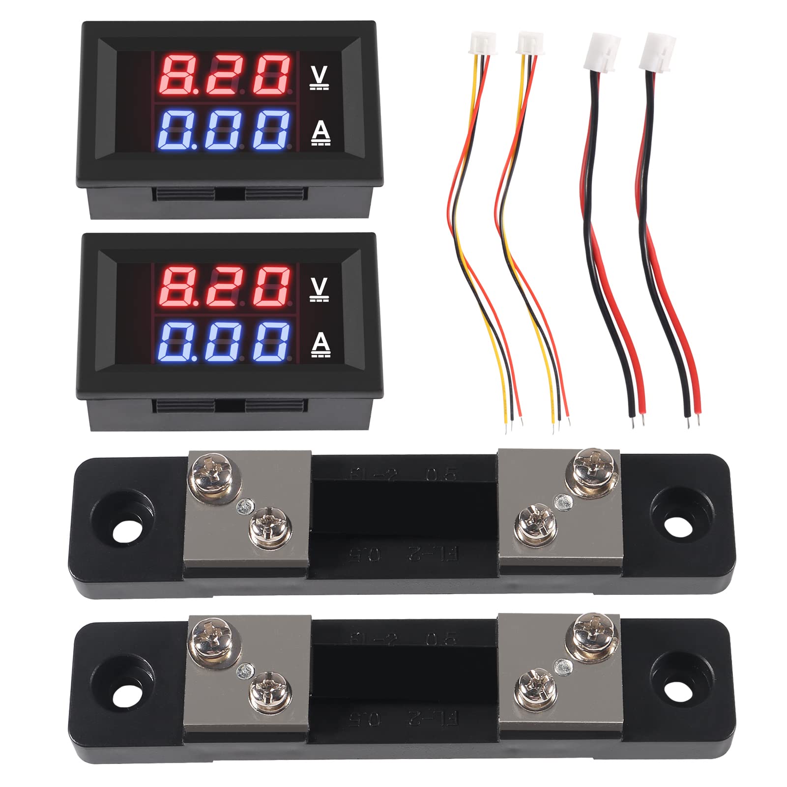 Photo 1 of Aobao 2pcs 0.28'' Digital Volt Amp Voltmeter Ammeter Meter DC 0-100V 50A Red Blue Dual LED Display Voltage Amperage Current Meter 2 in 1 Tester with 50A/75mV Shunt