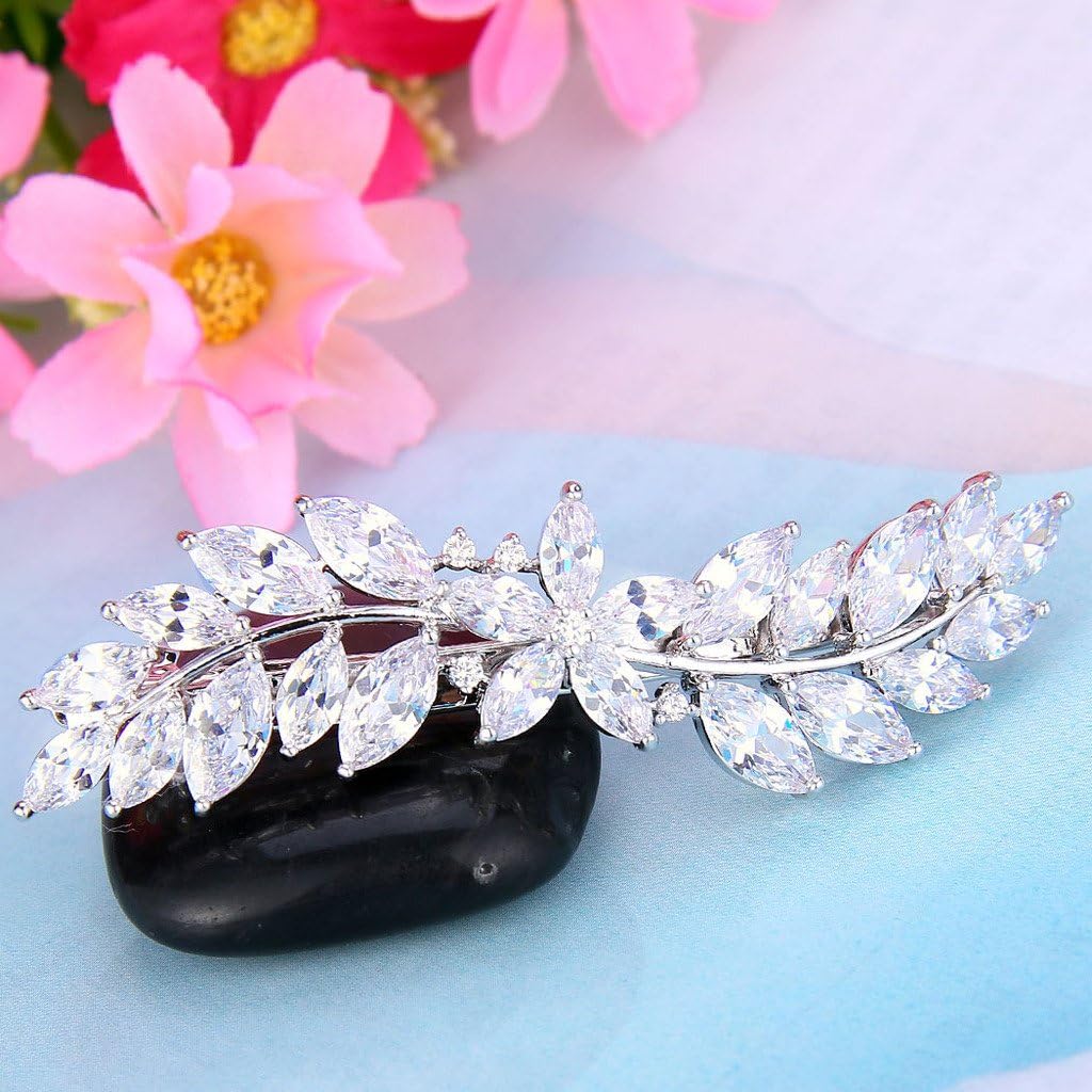 EVER FAITH Women's CZ Marquise-Shaped Hibiscus Flower Leaf Hair Barrette Clip Clear Silver-Tone: Jewelry