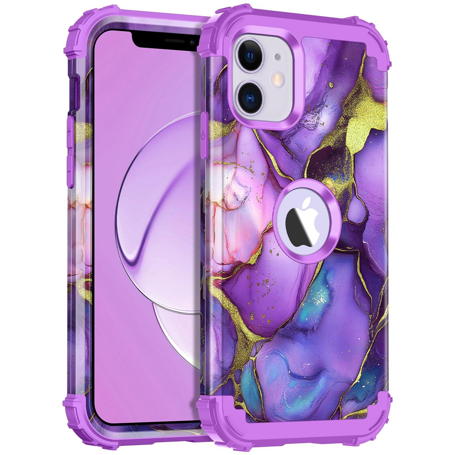 Rancase for iPhone 11 Case,Three Layer Heavy Duty Shockproof Protection Hard Plastic Bumper +Soft Silicone Rubber Protective Case for Apple iPhone 11 6.1 inch,Deep Purple/Marble