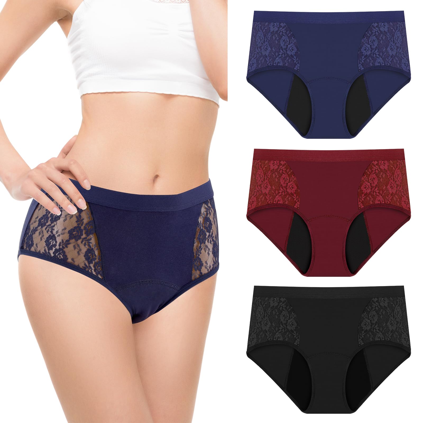 Photo 1 of TUXIYA 3-Pack Incontinence Underwear for Women, Leak Proof Underwear for Women Washable & Reusable for Leakage Protective Panties(Large,Black/Red/Blue)