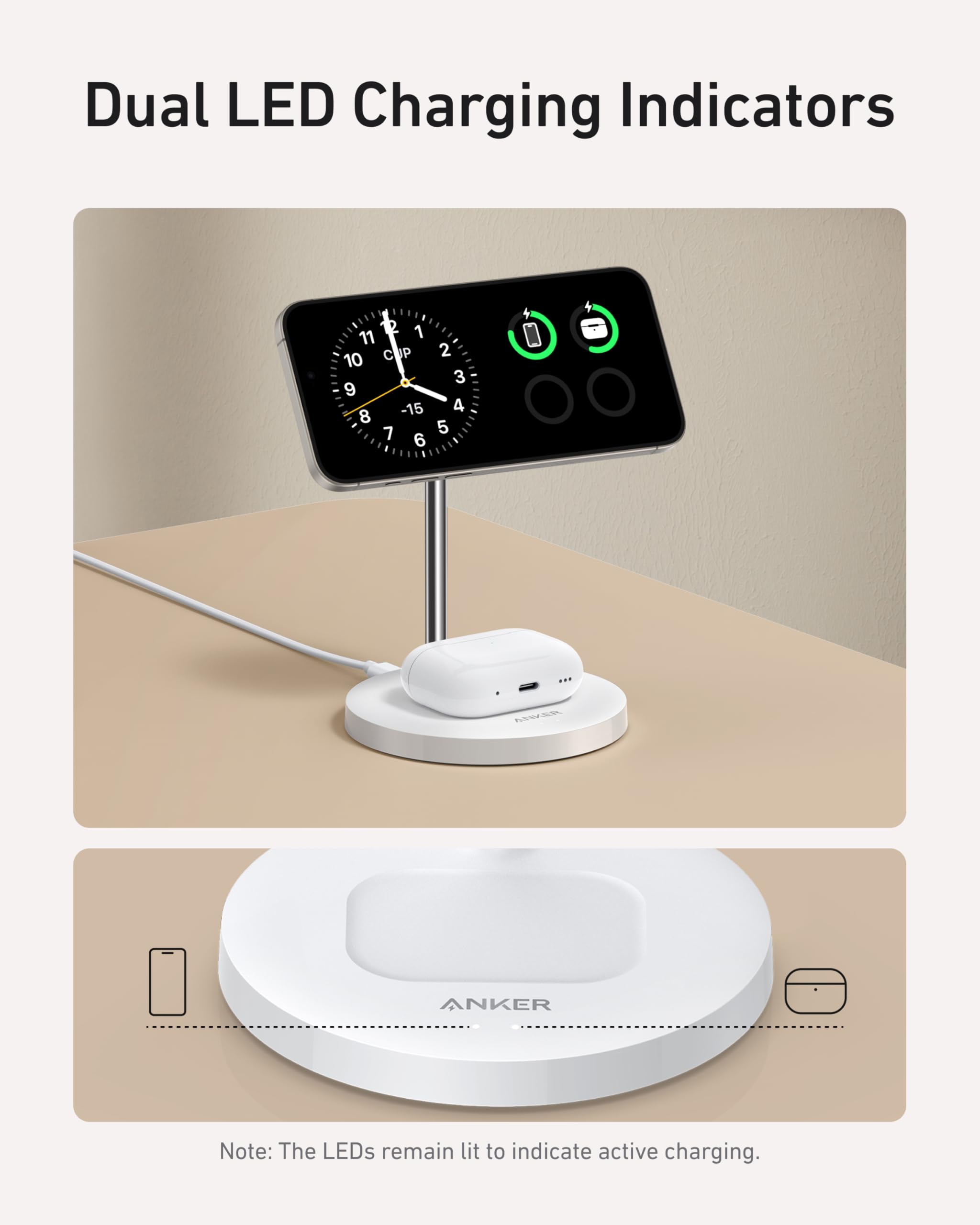 Anker MagSafe Compatible MagGo Charger Stand, iPhone 17 Wireless Charger, 2-in-1 Charging Station, Qi2 Certified 15W Fast Charging, for iPhone 17/16/15/14/13/12, AirPods Pro (Black, No Adapter)