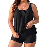 Holipick Women's Plus Size Tankini Swimsuit with Shorts | Blouson Design, Side Bow Tie, High Waisted Shorts for Tummy Control, Wide Straps. For Pool, Beach, Leisure Time