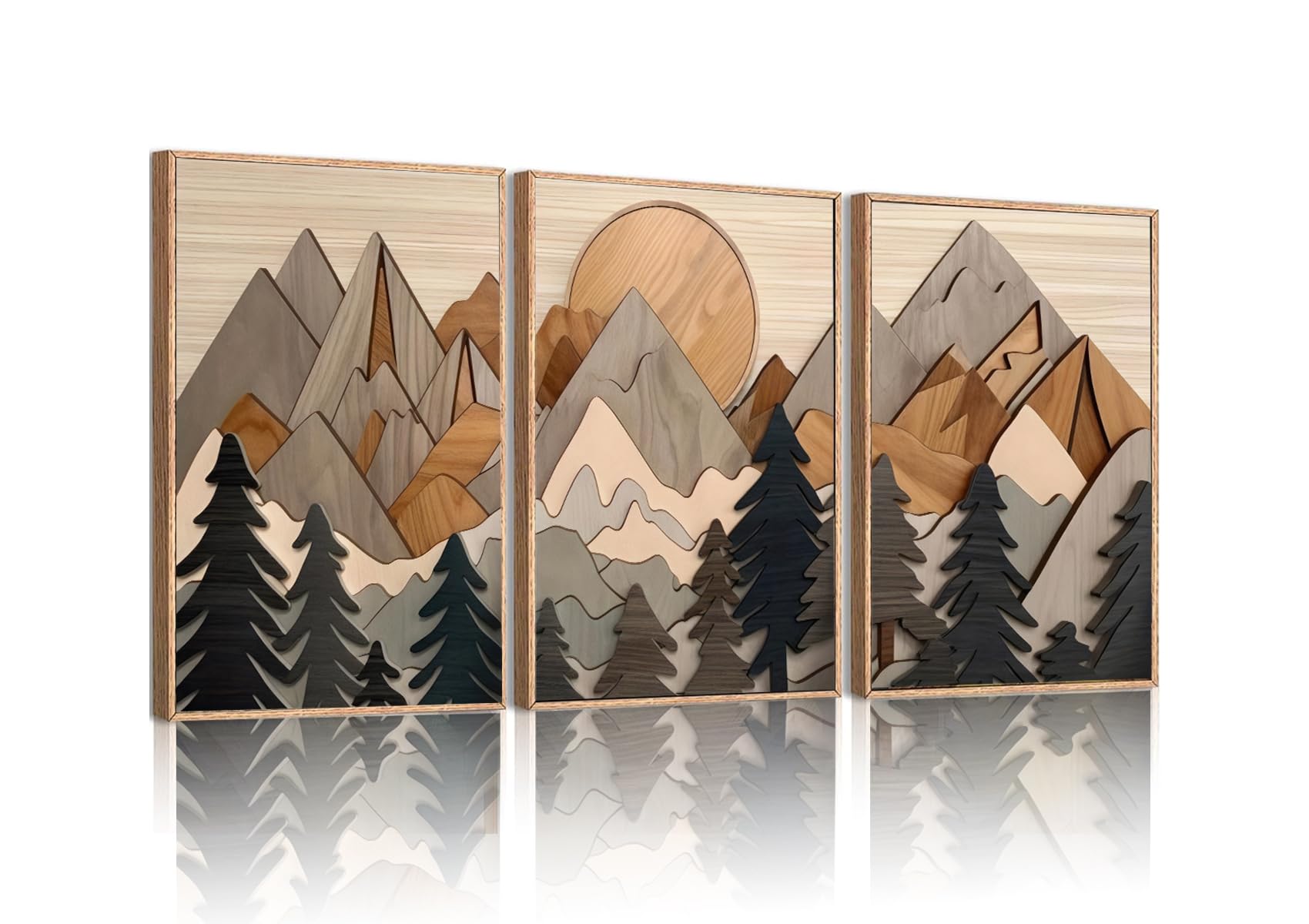 Photo 1 of Set of 3 Mountain Wall Art Large Forest Wall Decor Woodcut Wooden Landscape canvas posters Nature Wilderness Art Prints Abstract Landscape Painting for Living Room Bedroom Office Unframed 12x16in