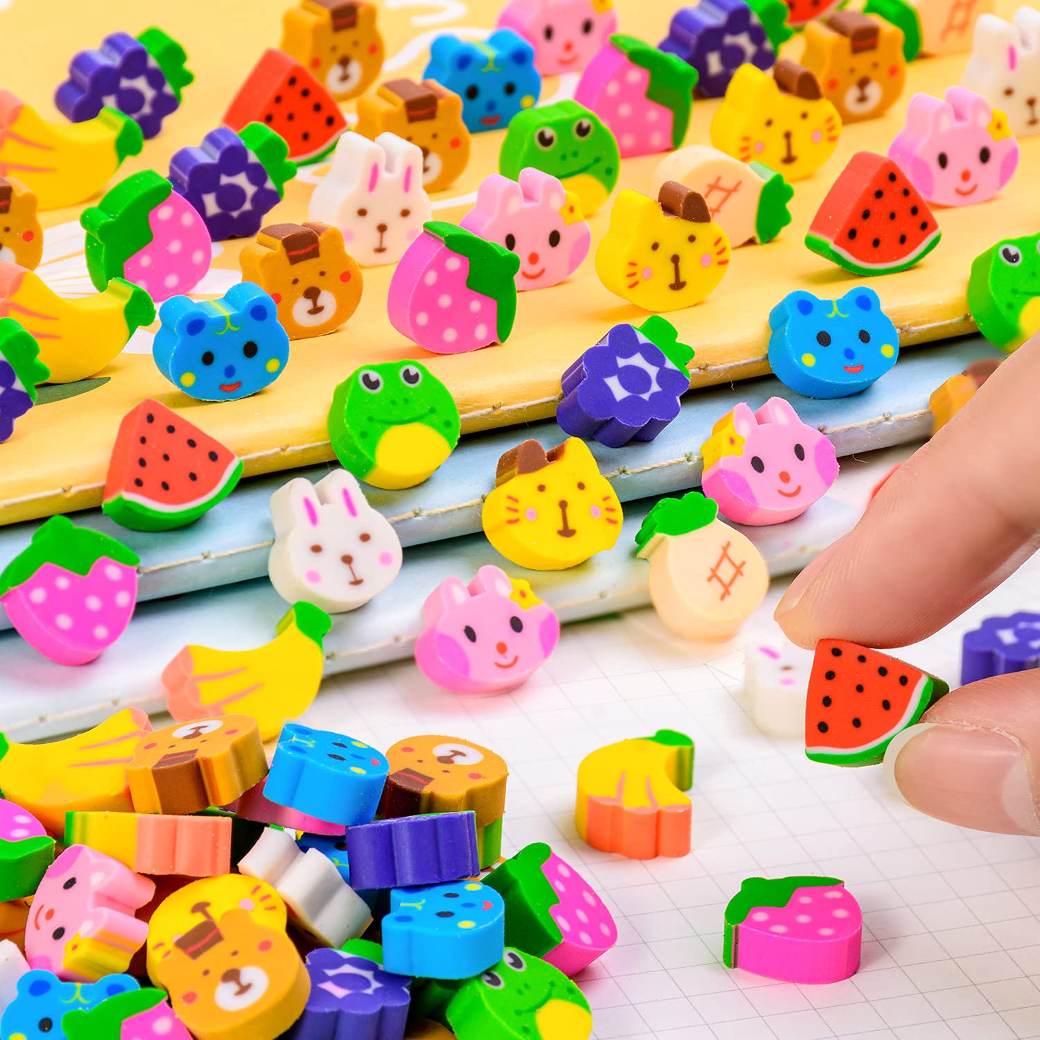 Mini Cute Fruit Animal Erasers for Kids - 240 Non-Toxic 3D Novelty Fun Erasers Bulk, Desk Pets for Classroom, Gift Filling, Party Favors