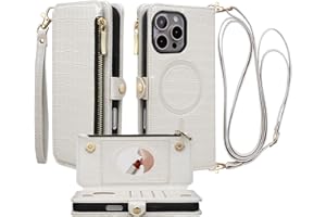 Stylivolve Crossbody Wallet Case for iPhone 16 Pro Max with Mirror, Wrist Strap, Zipper Purse Magnetic Flip RFID Blocking Card Holder, Wireless Charging, PU Leather Shockproof 6.9" Women (White)