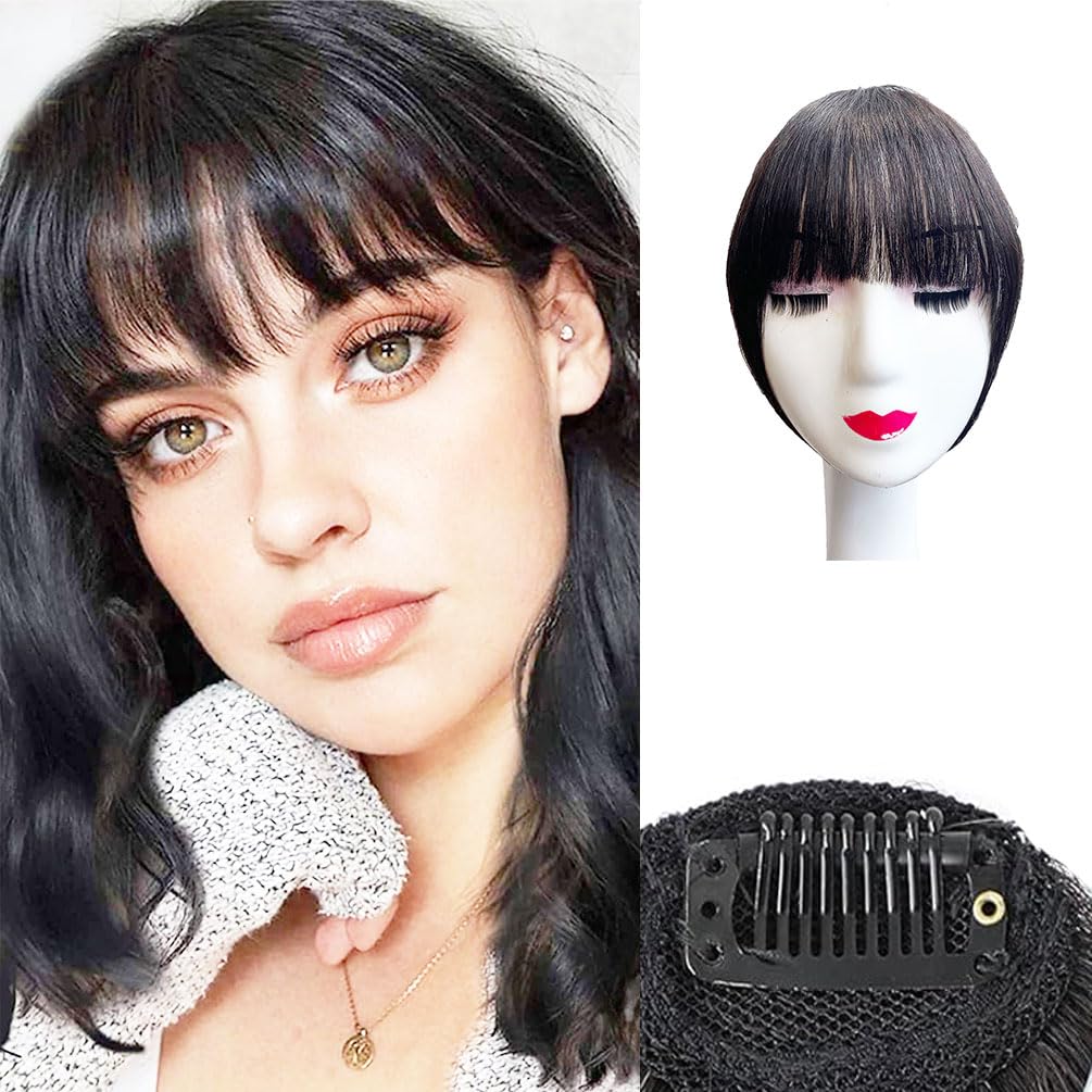 Swy Hair Bangs Hair Clip in Bangs 100% Real Human Hair Extensions Wispy Bangs Clip on Air Bangs for Women Hairpieces Curved Bangs for Daily Wear (Z-Brown Black, French Bangs)