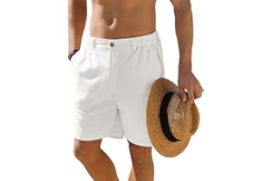 JEMLDL Men's Shorts Casual 7" Cotton Linen Button Elastic Waist Summer Beach Golf Shorts with Multi-Pocket