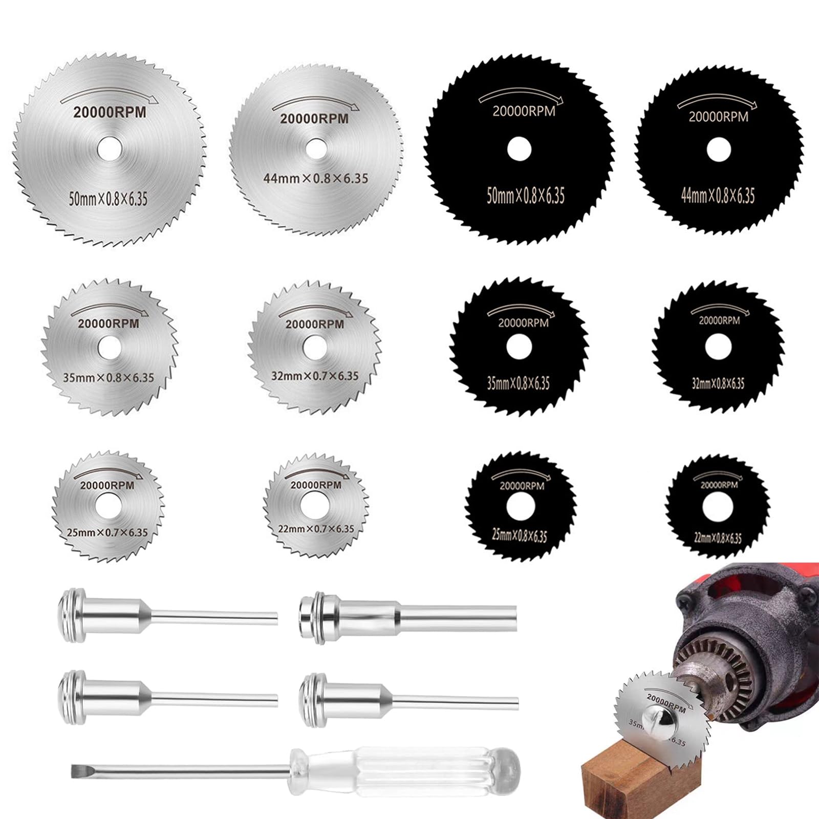 Rotary Drill Saw Blades, 16PCS HSS Circular Saw Blades with Screwdriver, Cutting Wheel Set for Rotary Tool, Steel Saw Disc Wheel Cutting Blades for Wood Plastic Metal Cutting(Black and White)