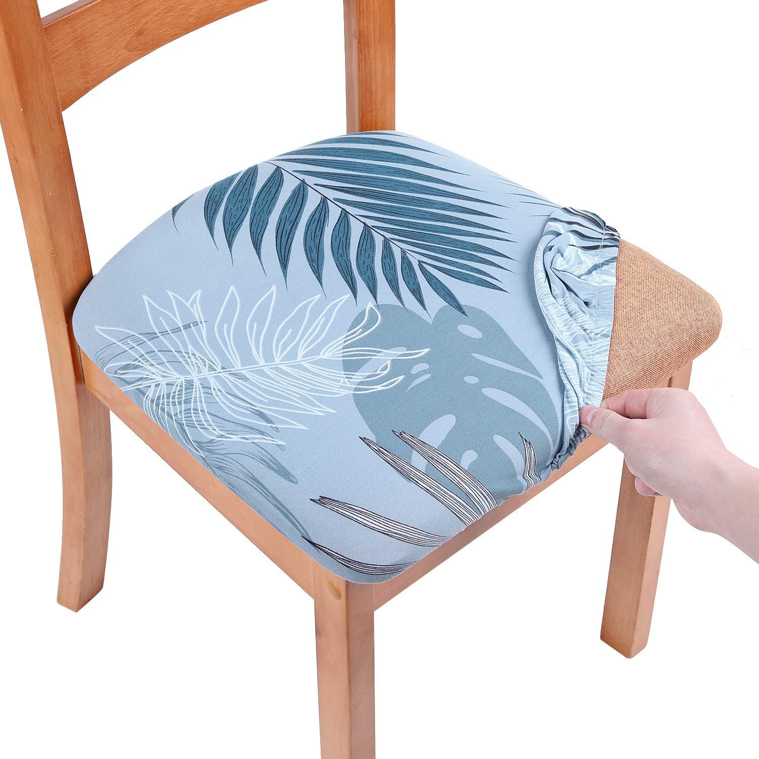 Homaxy Stretch Chair Seat Covers for Dining Room Set of 6, Elastic Dining Chair Seat Protector Cover Removable Washable Chair Slipcovers with Ties, Blue