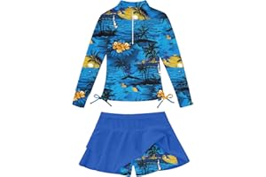 Vogseek 5-12T Girls Rash Guard 2 Pieces Bathing Suit Long Sleeve Swimsuit Swimming Skirt with Shorts Swimwear