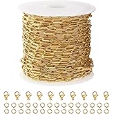 Kyutong 5M Gold PVD Plated Necklace Chain for Jewelry Making 304 Stainless Steel Paperclip Chain Roll with Lobster Clasps and Jump Rings for Men Women Making Jewelry Craft Support Jewelry Findings