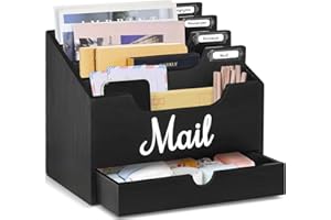 ANRXNCY Desktop Mail Organizer with 4 Large Compartments and Drawer, Wood Mail Holder Sorter Organizer Holder,Countertop Desk Office Accessories Organizer for File Letter Paper Folder, Desk Drawer Organizer