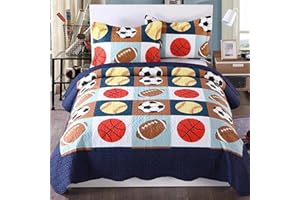 MarCielo 3 Piece Kids Bedspread Quilts Set Throw Blanket for Teens Boys Bed Printed Bedding Coverlet, Full Size, Blue Basketball Football Sports, American Football (Full)