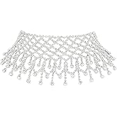 Rumkou Sexy Shining Crystal Full Rhinestone Choker Necklace Silver Crystal Necklaces Elegant Tassel Collar Necklace