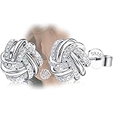 14K White Gold Plated Stud Earrings | 925 Sterling Silver Post CZ Hypoallergenic Earrings Hollow Love Knot Cubic Zirconia Earrings for Women