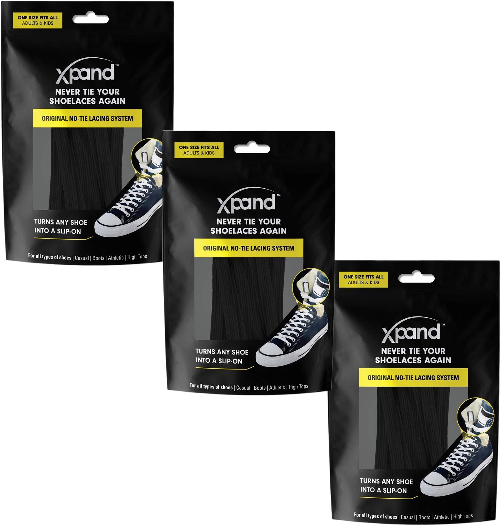 Xpand No Tie Shoelaces System with Elastic Laces - One Size Fits All Adult and Kids Shoes (Pack of 3)