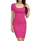 Missufe Women's Scoop Neck Short Sleeve Ruched Bodycon Sundress Ribbed Knit Slim Fit Casual Pencil Dress