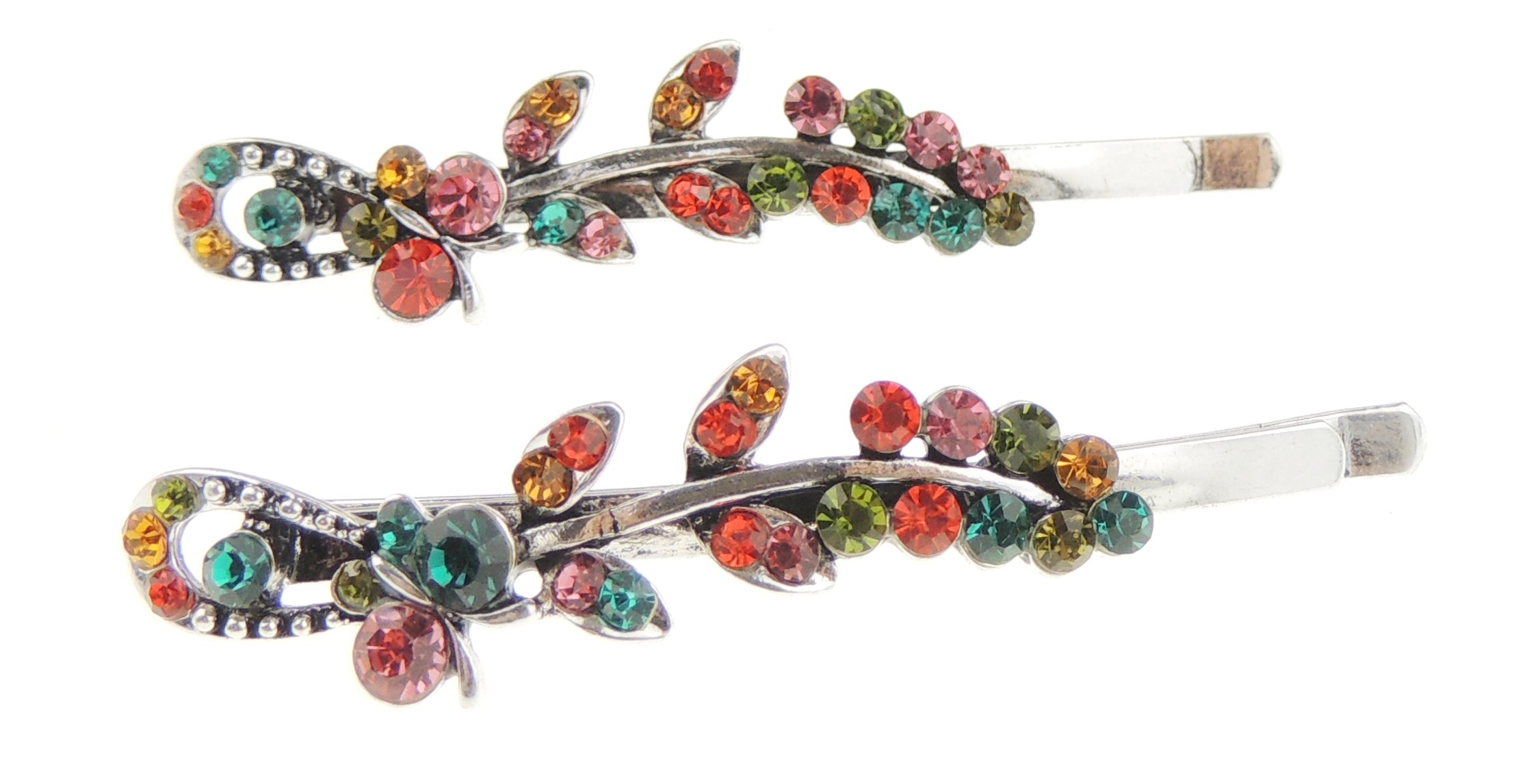 Pair of Ladies Vintage Look Crystal Diamante Hair Grips Looped Flower Multi