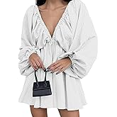 TOYER LOVER Women's Deep V-Neck Long Puff Sleeve Mini Dress - Sexy Backless Bodycon Dress Soft Flared Hem Dress Summer Spring