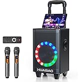 Portable Karaoke Machine with 2 Wireless Microphones, Bluetooth Speaker with Lights and Trolley Wheels, 6600mAh Rechargeable PA System, FM/AUX/USB/TF, Remote, Bass/Treble/Echo Adjust, Ideal for Party