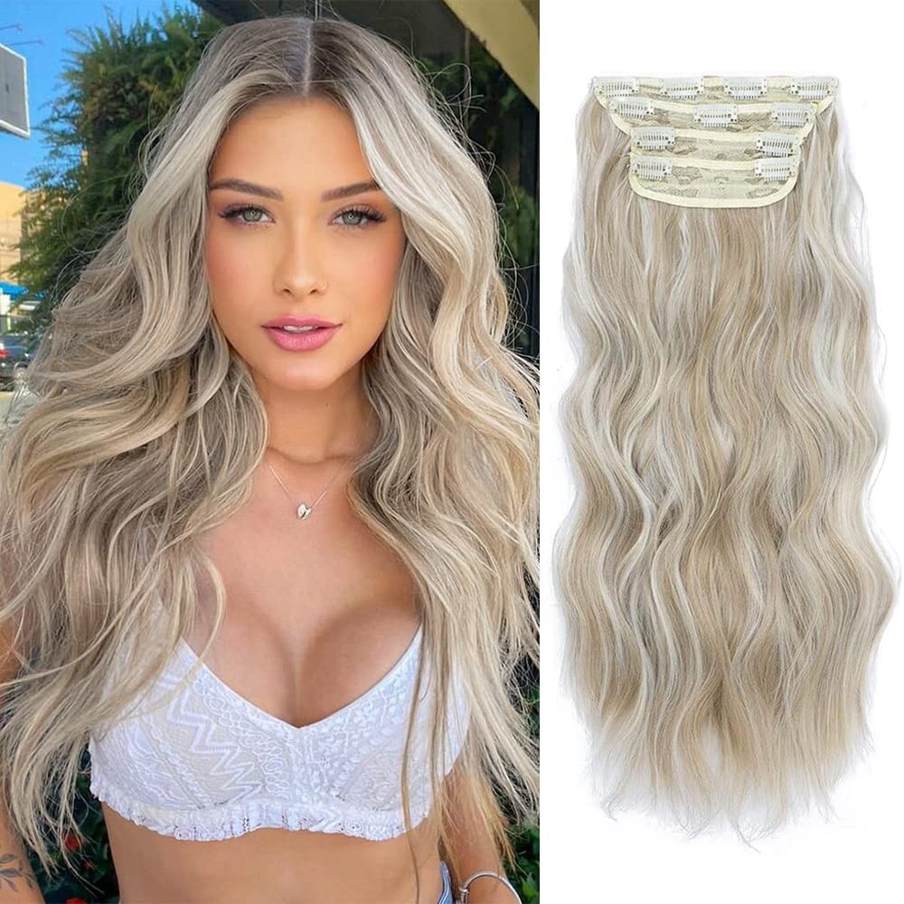 Hair Extensions Clip in 4pcs Sandy Blonde with White Highlights Hair Extension Long Wavy Full Head Clip in Hair Extension Synthetic Fiber Hair Pieces for Women โ image 1