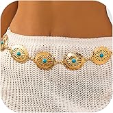 RINHOO Western Concho Belt for Women Cowgirl Metal Belts Adjustable Boho Vintage Turquoise Chain Belt for Dresses Jeans