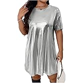 SHENHE Women's Plus Size Metallic Dress Short Sleeve Crewneck Party Disco Clubwear Tshirt Dress