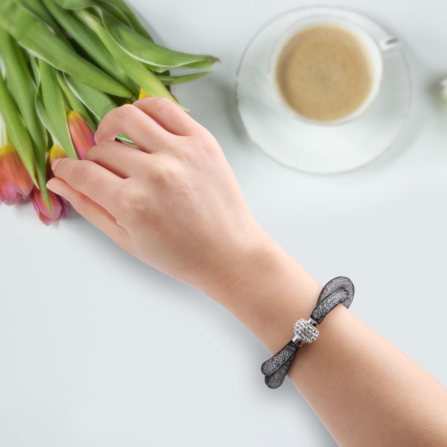 Mesh Double Stardust Bracelets,UHIBROS Stardust Twisted Mesh Bracelets With Crystal Stones Filled Magnetic Clasp Charm Bracelets Bangles Strand Bracelet For Women Gifts