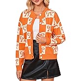 Bow Checkered Cardigan for Women Fall Open Front Chunky Knit Sweaters Crew Neck Button Down Jackets