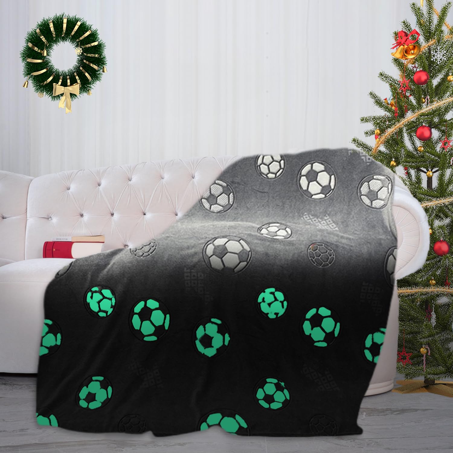 Glow in Dark Football Blanket, 59×51 Inch Soft Flannel Fleece All Season Throw Blanket with Cute Pattern for Christmas Kids Gift (Gray-Football)