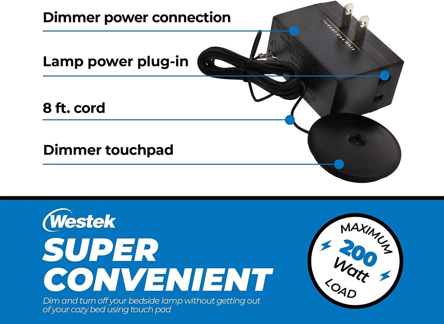 Westek Dimmer Switch for Lamps – Plug In Dimmer Switch with Touchpad Control, 2 Pack – 200W, 3 Level Dimmer – Light Dimmers for Lamps are Ideal for Bedside and Hard to Reach Lamps – 6043BC - - 