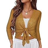 Women Crop Cardigan Sheer Mesh Bolero Shrug for Dress Tie Front 3/4 Sleeve Tops