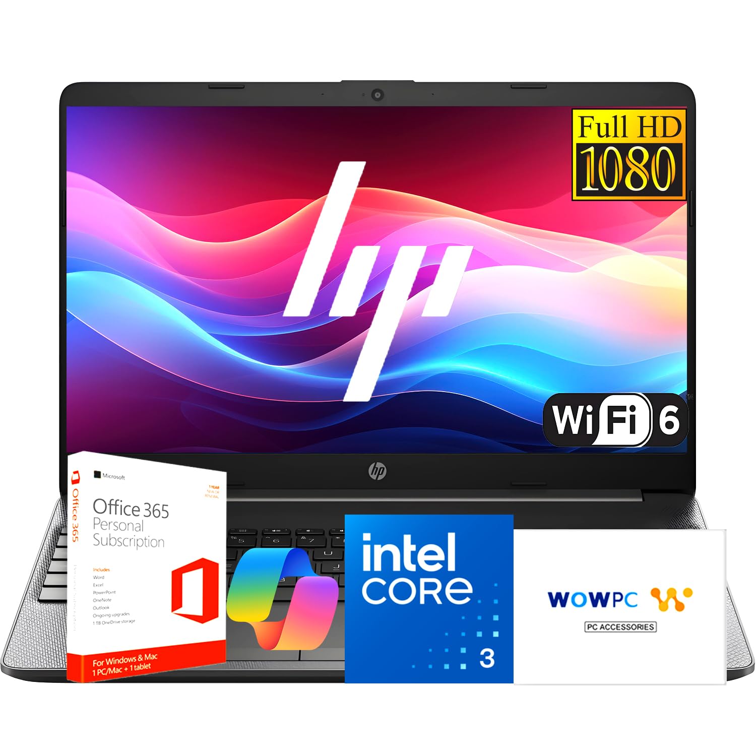 HP 15.6 Inch Business Laptop with Microsoft Office on the Web, Powerful 13th Intel Core i3 Processor (Beats i7-1165G7), 8GB RAM, 628GB SSD(128GB SSD+500GB External), Windows 11 Pro, WOWPC 3 in 1 Image