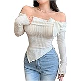 Verdusa Women's Bow Off The Shoulder T Shirt Asymmetrical Fuzzy Going Out Fitted Tops